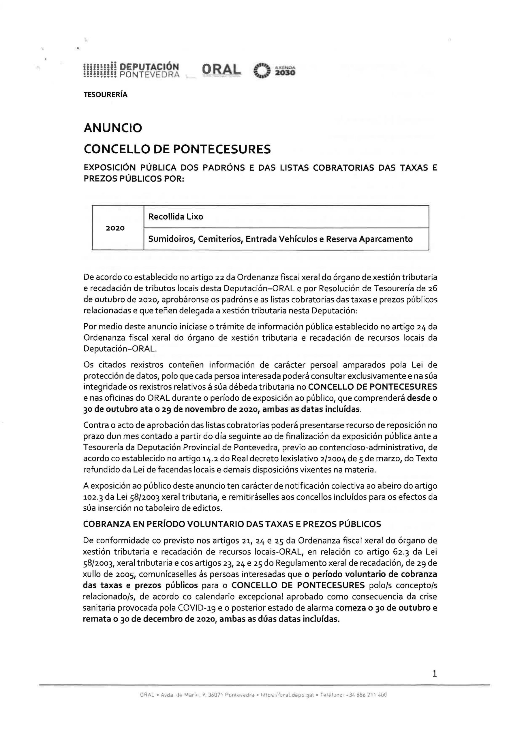 COBRO EN PERIODO VOLUNTARIO DAS TAXAS E PREZOS PÚBLICOS 2020: RECOLLIDA ...