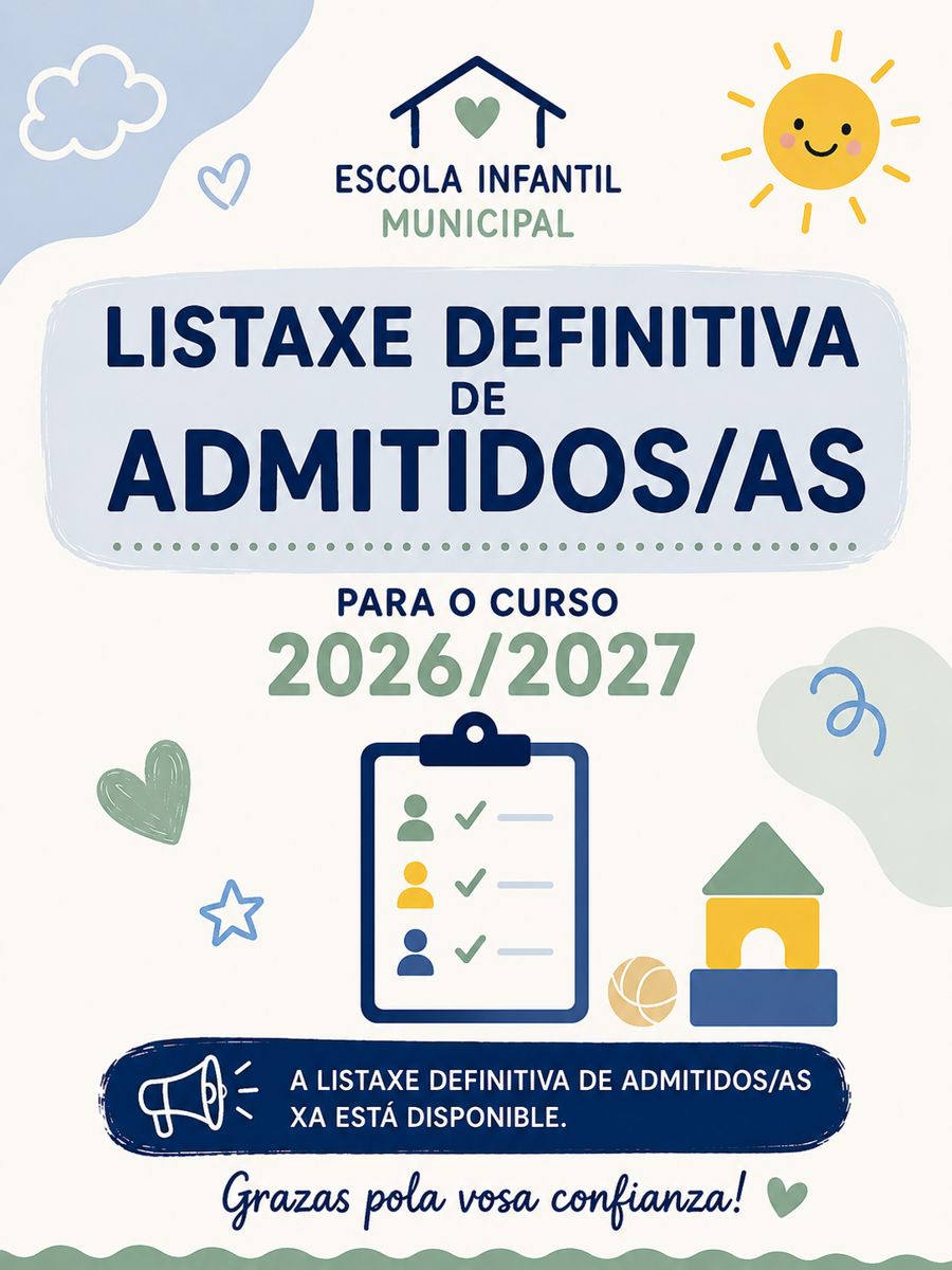 Listaxe de alumnado admitido e lista de agarda da Escola Infantil Municipal de Pontecesures, curso 2026/2027