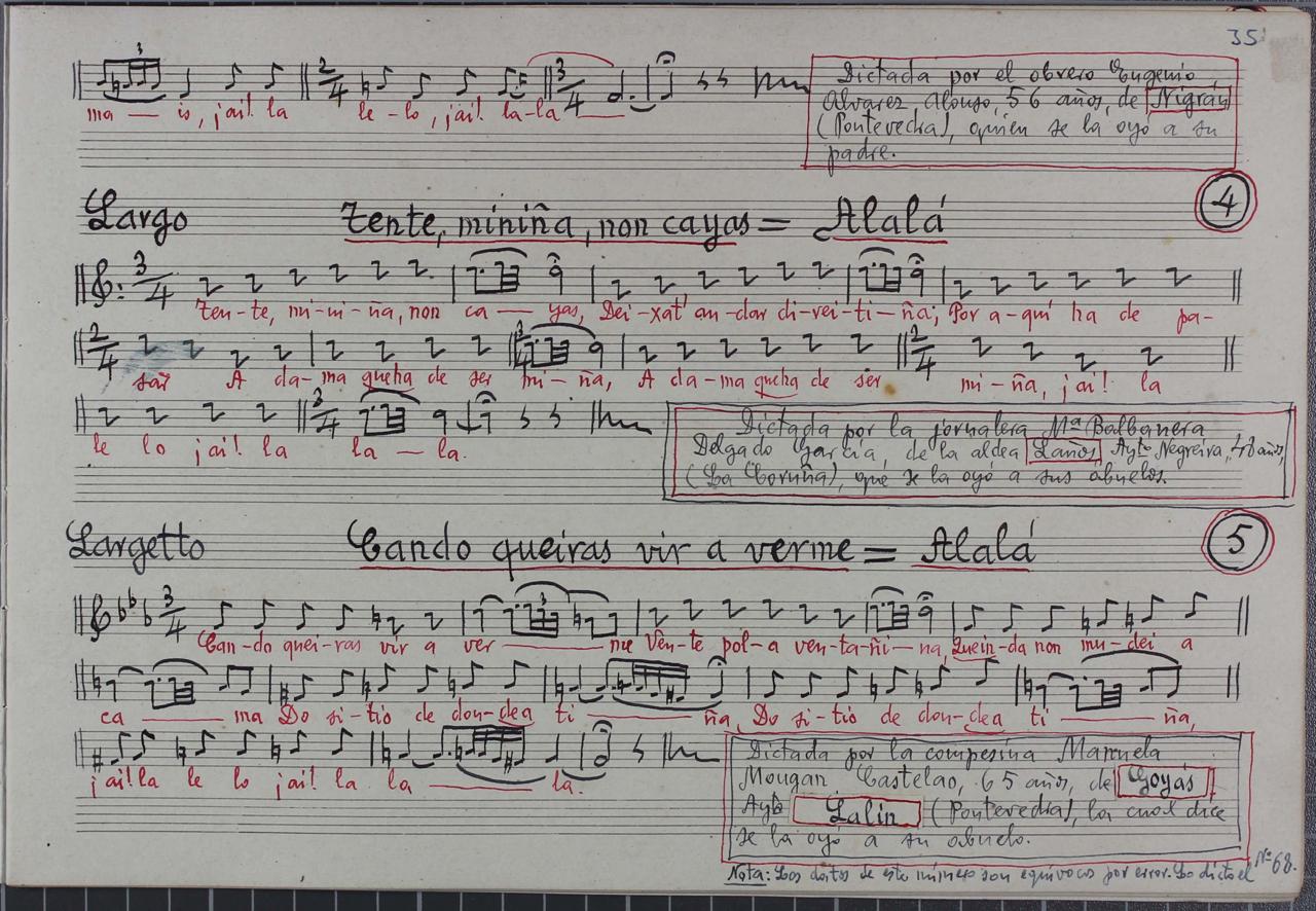 Caderno de ditados do Fondo de Música Tradicional IMF-CSIC (1956) co alalá «Cando queiras vir a verme» ditado por Manuela Mougán Castelao