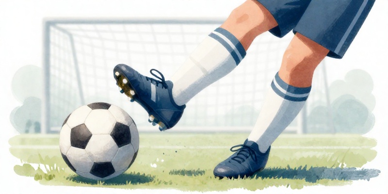 Ilustración conceptual: perna de futbolista en pleno chute golpeando o balón coa portería difuminada ao fondo