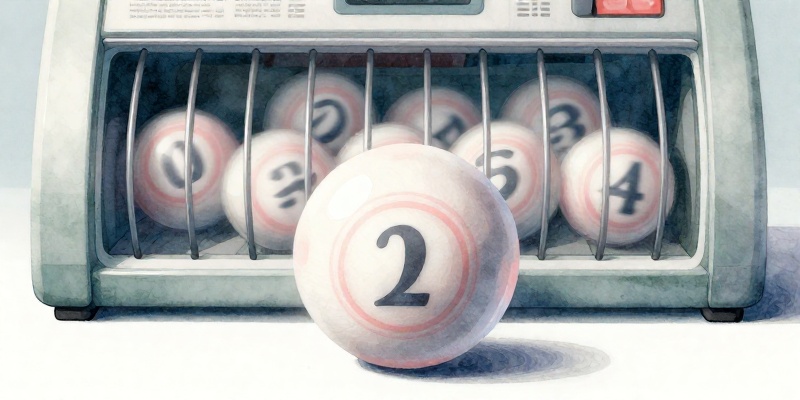 Ilustración conceptual: bola de lotería en primeiro plano coa máquina de bingo xirando ao fondo