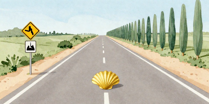 Ilustración conceptual: a vieira do Camiño no medio da estrada, plan de seguridade viaria