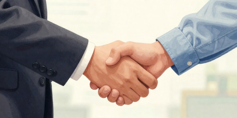 Ilustración conceptual: apretón de mans entre un empresario e un traballador