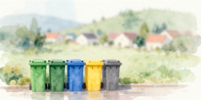 Ilustración conceptual: contedores de recollida selectiva nunha vila galega