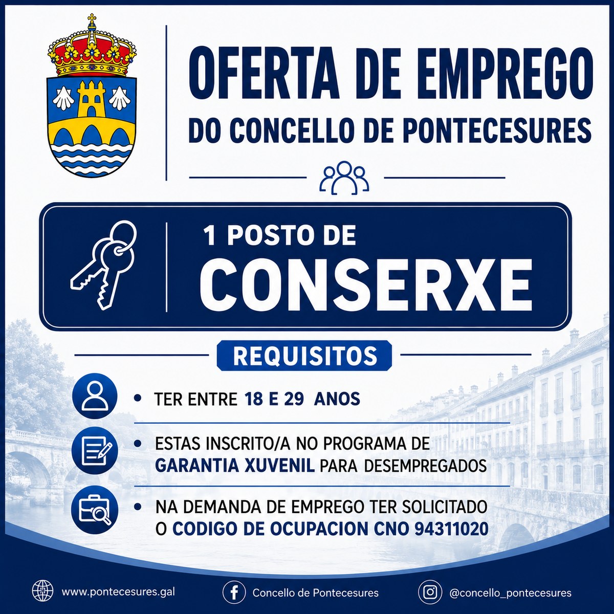 Anuncio da convocatoria para cubrir un posto de conserxe no Concello de Pontecesures