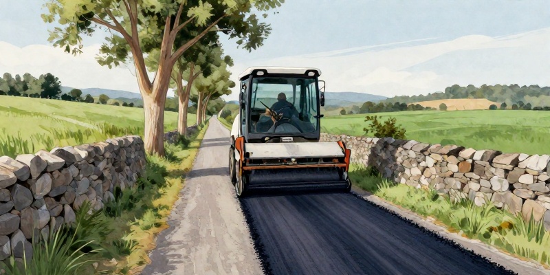 Ilustración conceptual: maquinaria asfaltando un camiño rural galego con muros de pedra