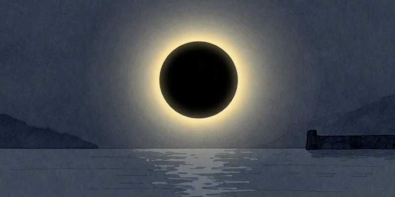 Ilustración conceptual do eclipse solar case total sobre a ría de Arousa