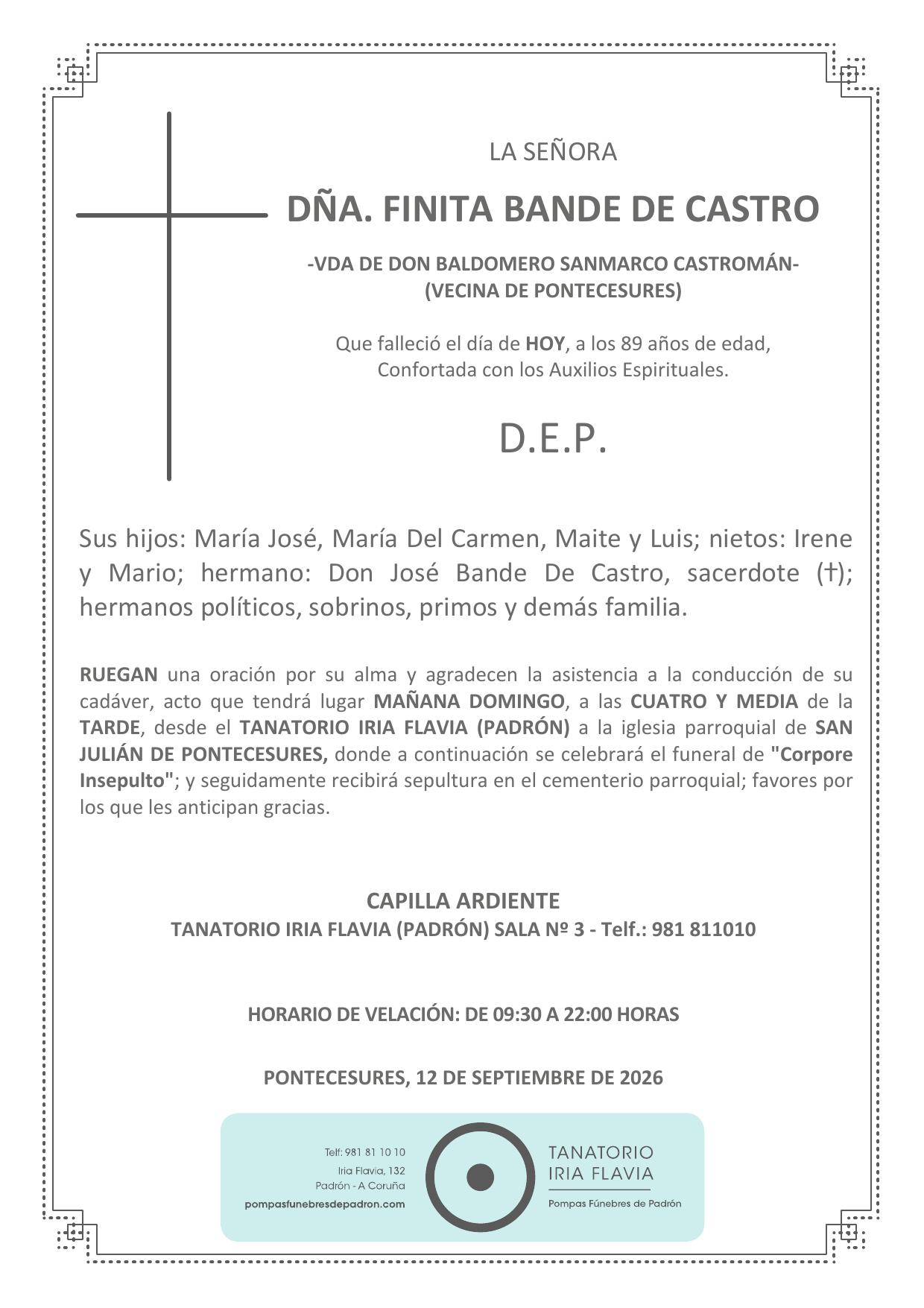 Esquela de Finita Bande de Castro