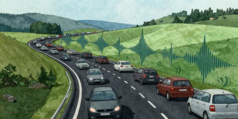 Ilustración conceptual: estrada galega chea de coches con ondas sonoras a subir do tráfico