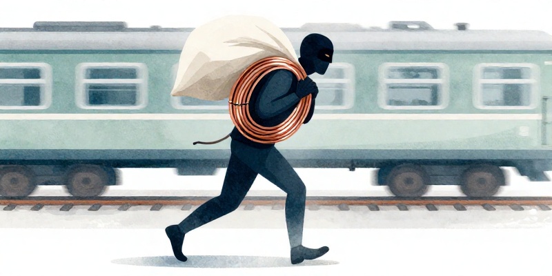 Ilustración conceptual: ladrón estilizado con antifaz e saco levando cable de cobre xunto a un tren parado
