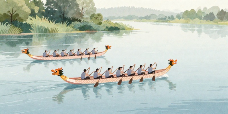 Ilustración conceptual: dous barcos dragón coas tripulacións remando polo río Ulla