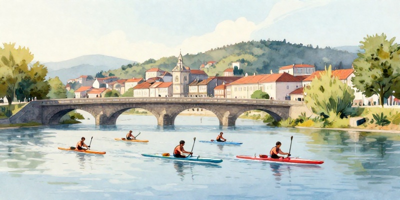 Ilustración acuarela: piragüistas do Club Náutico Pontecesures no río coa vila ao fondo