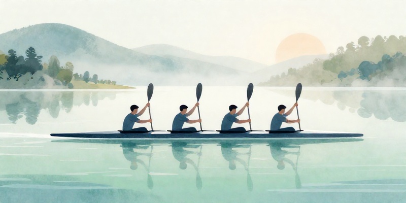 Ilustración conceptual: catro palistas remando nun kaiak no lago de As Encrobas