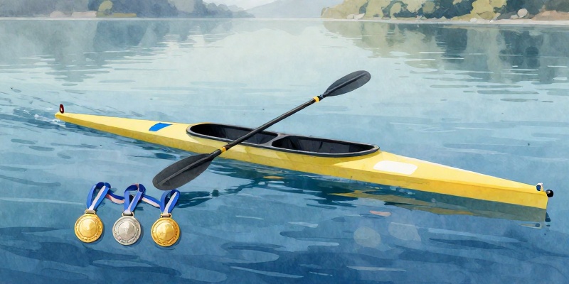 Ilustración conceptual: un K2 baleiro coa dobre pala na cuberta e tres medallas (dous ouros e unha prata) sobre a auga