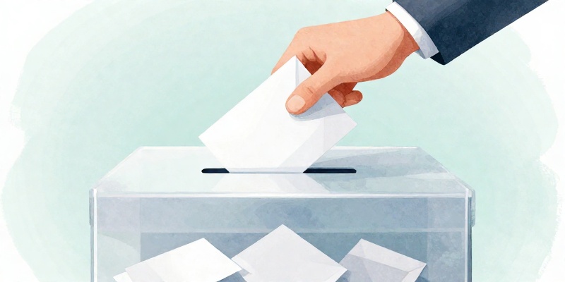 Ilustración conceptual: urna de votación transparente coa man introducindo un sobre de voto
