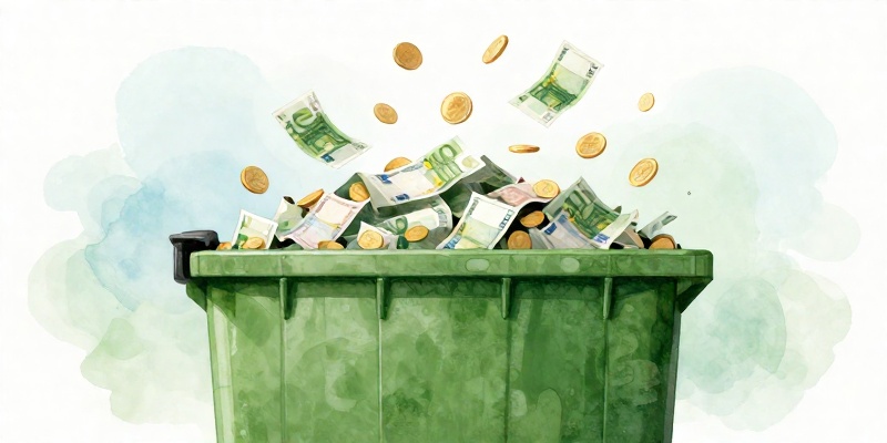 Ilustración conceptual: contedor de lixo municipal a rebosar billetes e moedas de euro