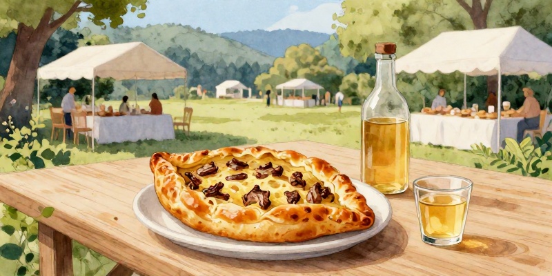 Ilustración acuarela: empanadilla de anguía e copiña de orujo na Festa da Anguía de Valga
