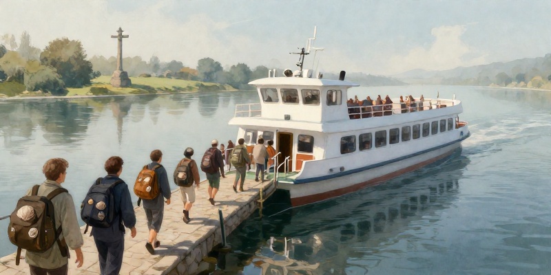 Ilustración conceptual: barco turístico da Traslatio chegando ao peirao de Pontecesures con peregrinos