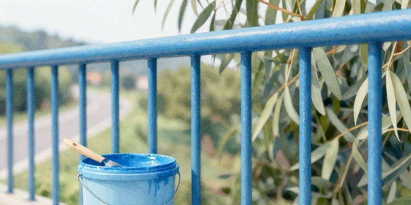 Ilustración conceptual: primeiro plano da varanda metálica da pasarela de Cordeiro pintada en azul claro, co bote de pintura e a brocha