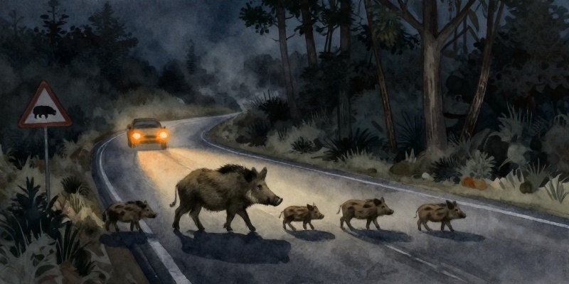 Ilustración conceptual: xabarís cruzando de noite unha estrada galega