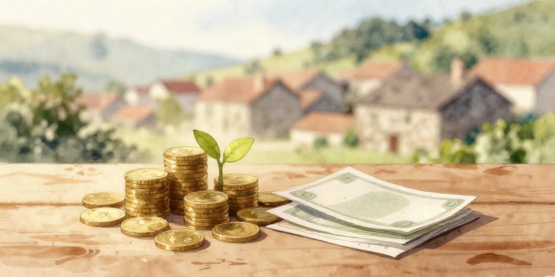 Ilustración conceptual: moedas e billetes sobre unha mesa coa vila galega ao fondo