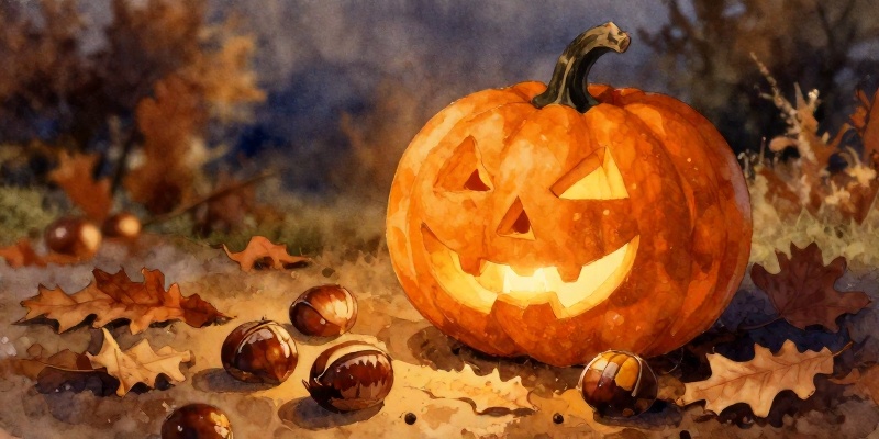Ilustración conceptual: calabaza de Samaín sobre castañas asadas