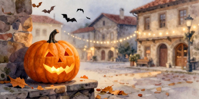 Ilustración conceptual: calabaza de Samaín tallada e iluminada sobre un muro de pedra nunha praza galega ao anoitecer